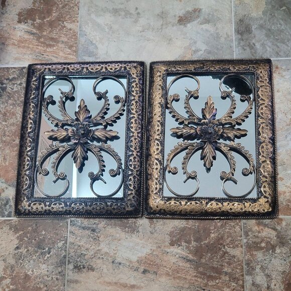 Wall Hanging Decor Mirror Metal Floral Pattern Overlay Wrought Metal Frame - Picture 1 of 13